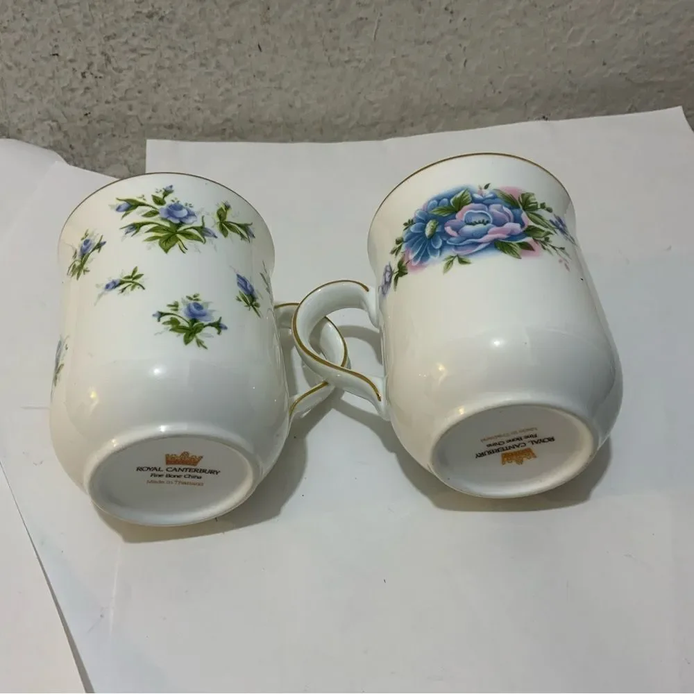 Royal Canterbury Blue Roses Green Leaves Gold Tone Trim 2 Coffee Mug / TeaCups